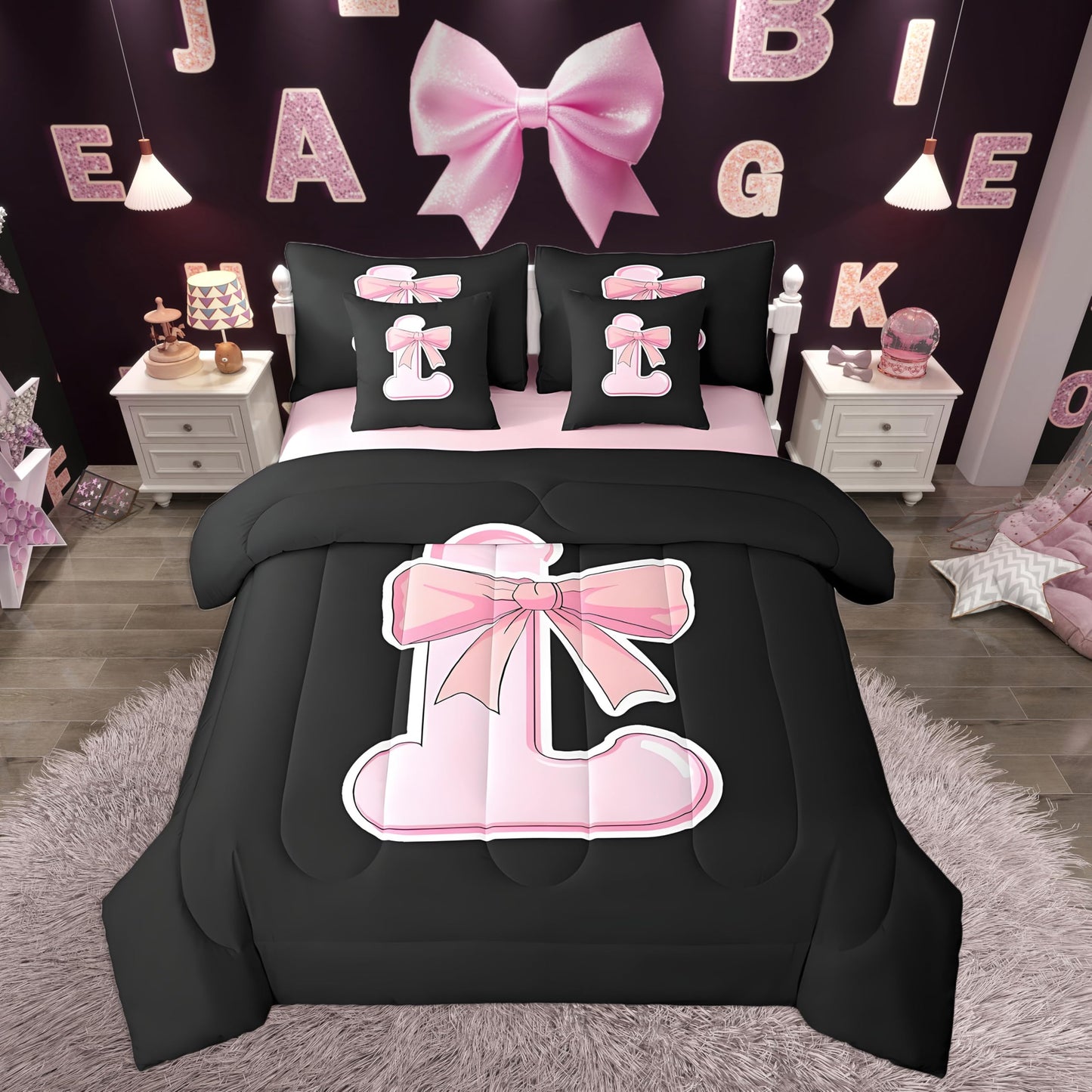 jejeloiu Kawaii Pink Bow Twin Comforter Set with Sheets,Gifts for Women Teen Girl,Personalized Initial Letter L 7 Piece Bedding Set,Soft Monogrammed Bed in a Bag with Comforter,Sheets,Pillowcases