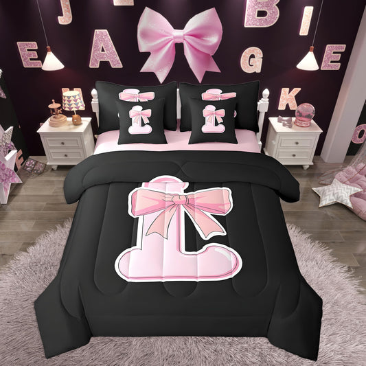 jejeloiu Kawaii Pink Bow Twin Comforter Set with Sheets,Gifts for Women Teen Girl,Personalized Initial Letter L 7 Piece Bedding Set,Soft Monogrammed Bed in a Bag with Comforter,Sheets,Pillowcases