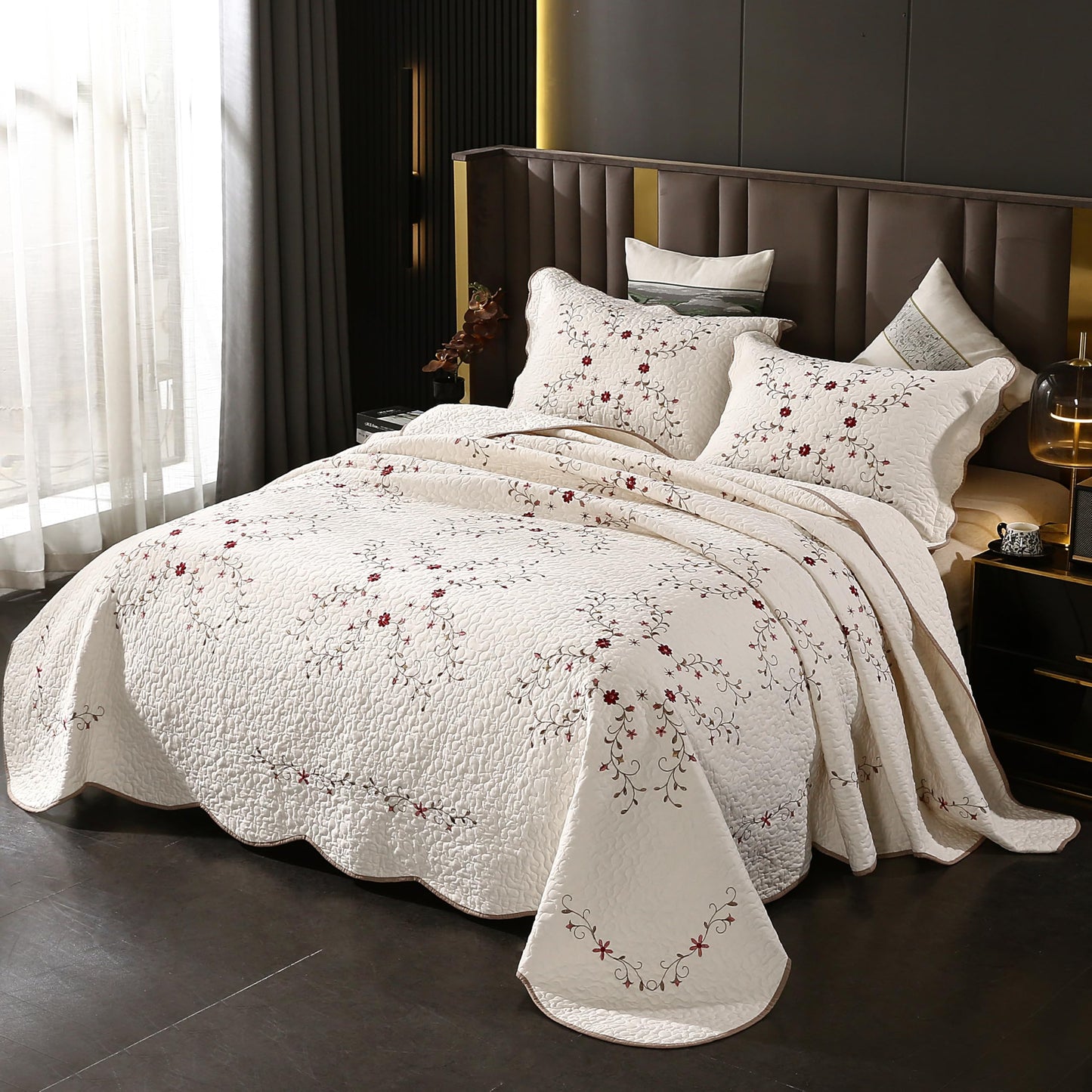 Quilt Set Floral Leaves 3D Embroidery Pattern 3 PCS Cotton Reversible Quilted Embroidered Decorative Bedspreads Coverlet Set, Lightweight &Soft Queen Size Beige Bedding Coverlet for All Season
