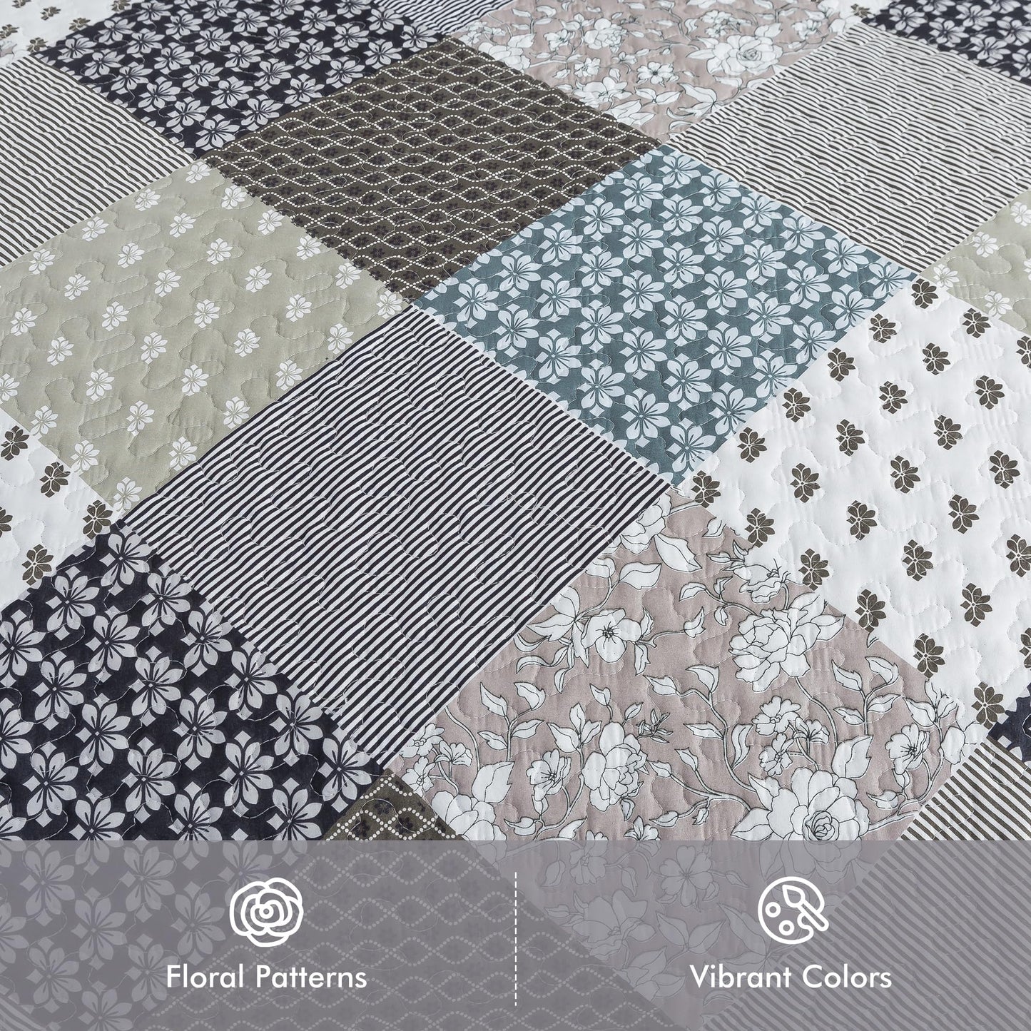 Etwel Lightweight Patchwork Queen Size Quilt Set - Breathable Reversible Cotton Bedspread for Hot Sleepers, Farmhouse Floral Bedding Set with 2 Pillow Shams for All Season (90"x98", Gray Flower)