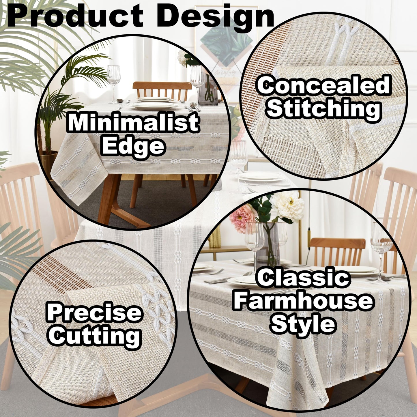 Limalred Rustic Striped Embroidery Rectangle Tablecloth, Openwork Heavy Weight Linen Wrinkle Resistant Table Cloth Coffee Table Cover for Kitchen Party Banquet Decor 36x55 Inch Beige