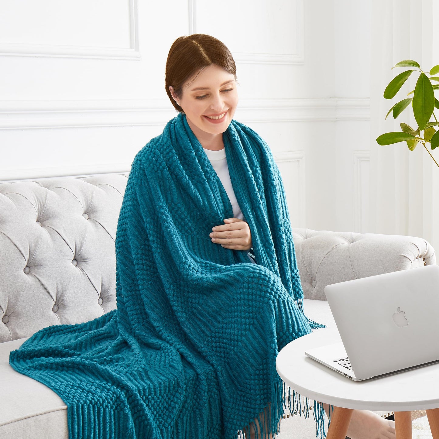 HommxJF Teal Knitted Decorative Throw Blankets for Couch, Bedroom and Officeroom,Textured Fade Resistant Soft and Warm Knit Blanket with Tassel,50"x60"