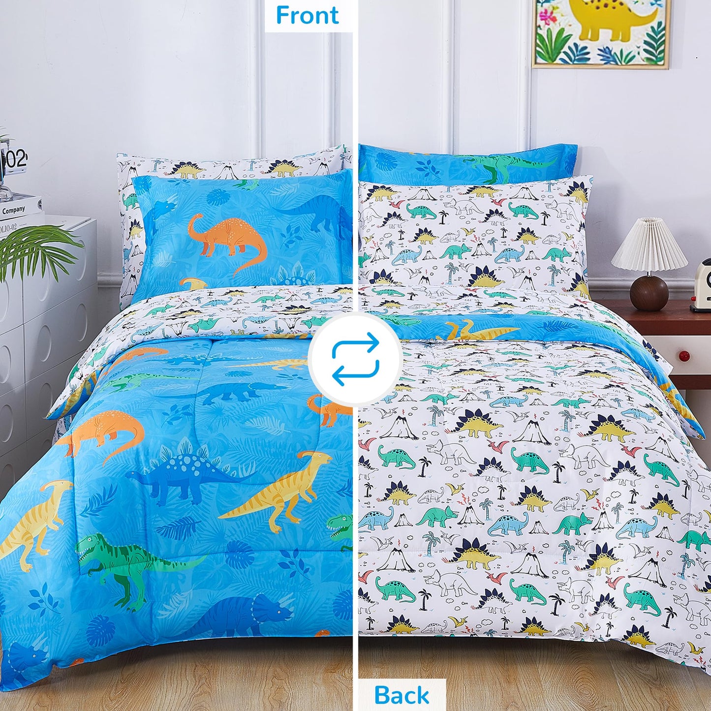 Viviland Kids Twin Bedding Sets for Boys, Soft Twin Comforter Set with Sheets, 5 Pieces Microfiber Bed in a Bag, Blue Dinosaur