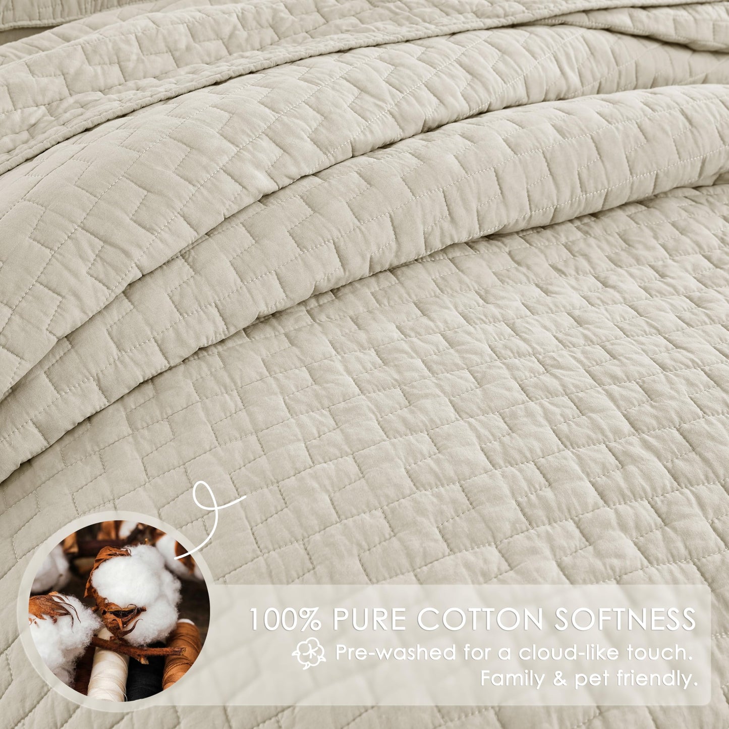 palassio Beige 100% Cotton Quilt California Cal King Size Bedding Sets with 2 Pillow Shams, Textured Oversized Lightweight Bedspread Shabby Chic Coverlet, Soft Bed Cover for All Season, 3 Pieces