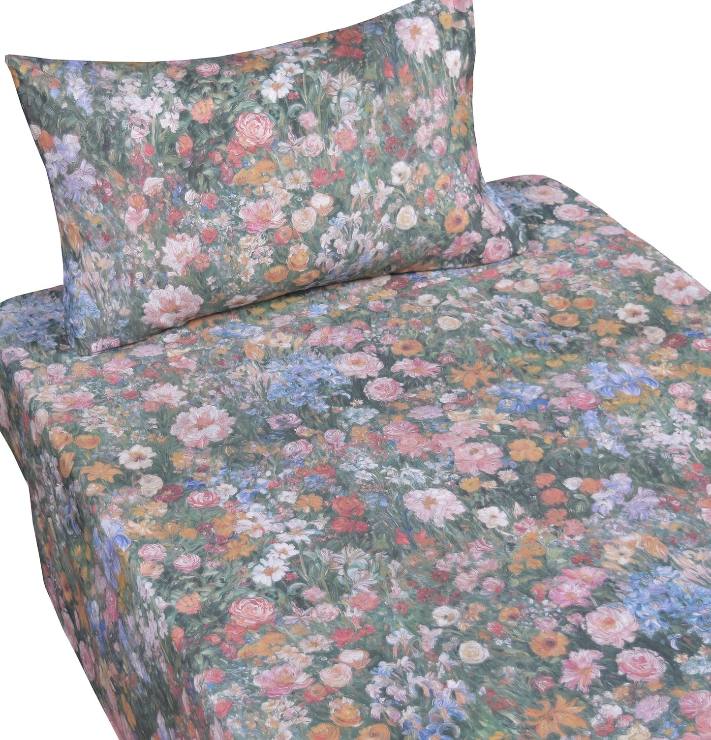 J-pinno Flower Bloom Floral Impressionism Oil Painting Botanical Wildflower Sheet Set for Kids Girls Children100% Cotton Flat Sheet + Fitted Sheet + Pillowcase Bedding Decoraltion (Green Garden, Twin)