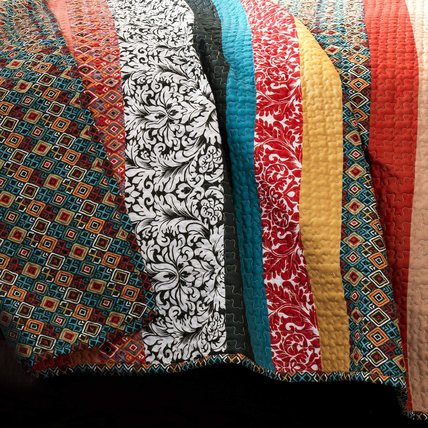 Lush Decor Boho Stripe Reversible Cotton Quilt 3-Piece Set, Full/ Queen, Turquoise & Tangerine - Bold Colorful Bohemian Bedding Set