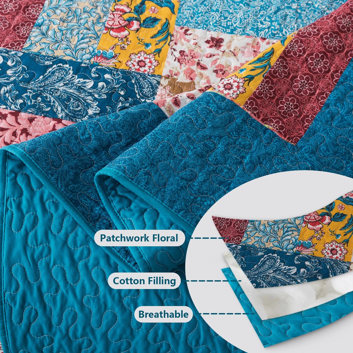 BEDIFANY Cotton Queen Quilt Set - Modern Farmhouse Bedspread with Vibrant Floral Pattern, 3-Piece Lightweight Coverlet (90x98 Inch) + 2 Pillow Shams, All Seasons Multicolor Quilt Bedding Set