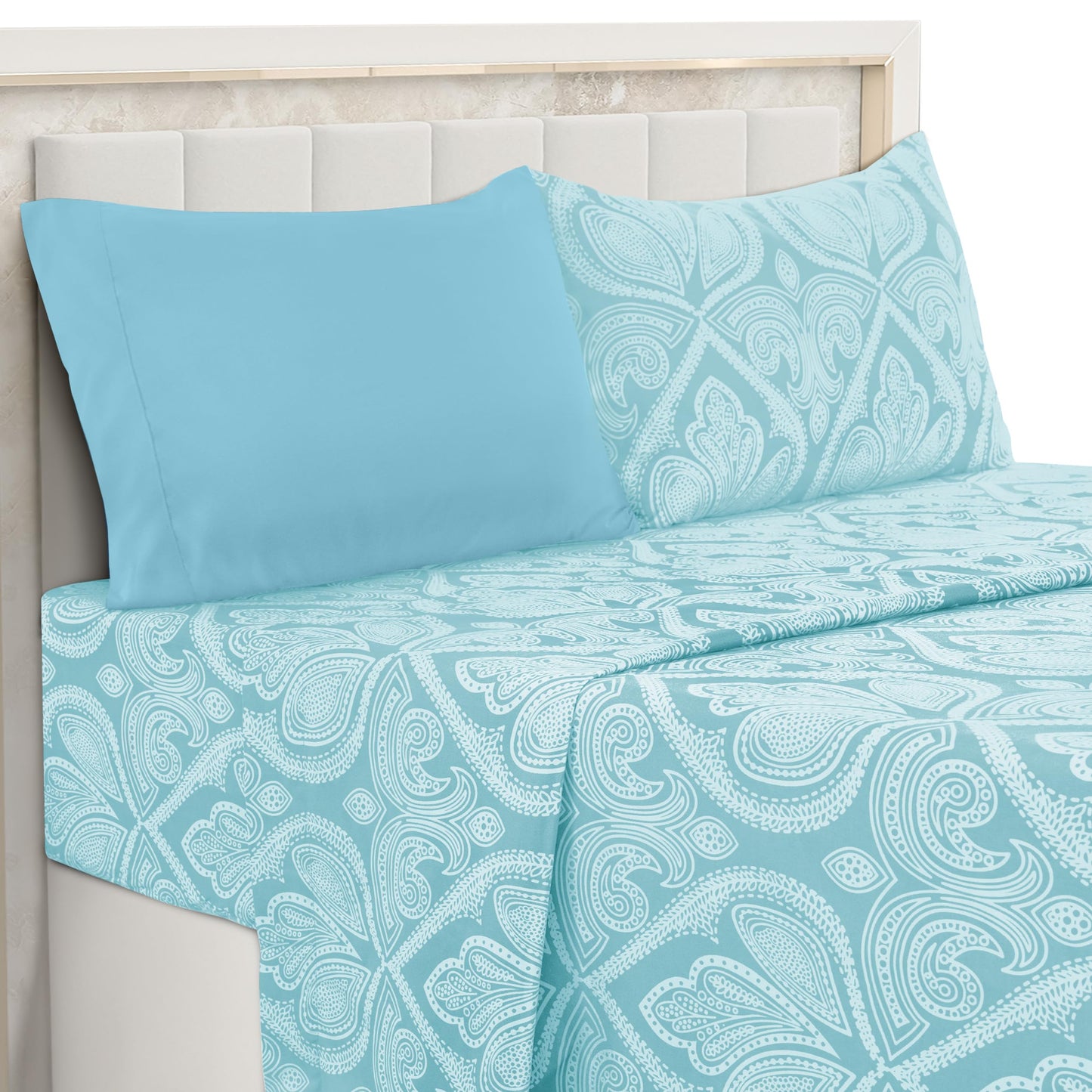 Ultra Soft Wrinkle-Free Microfiber Paisley Twin XL Sheet Set, Cute Floral Pattern Boho Print – 16" Deep Pocket Fitted Sheet, Flat Sheet & 2 Pillowcases, Breathable, OEKO-TEX - Blue