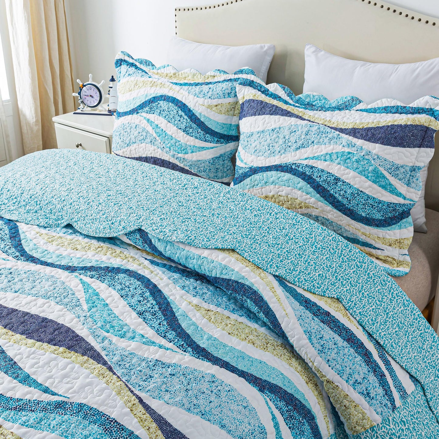 HoneiLife Queen Bedspreads Oversized - 106"x106" Coastal Quilt Sets, Beach Quilt 3-Piece, Nautical Bedspreads Ocean Coverlets, Lightweight Bed Cover, Summer Quilts