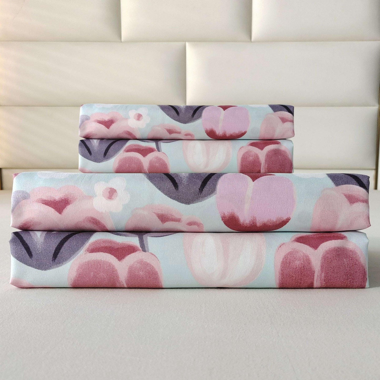 SDIII Pink Floral Full Fitted Sheet with 2 Pillowcases, Deep Pocket Soft Microfiber Romantic Blush Pink Floral Sheet Full All Season