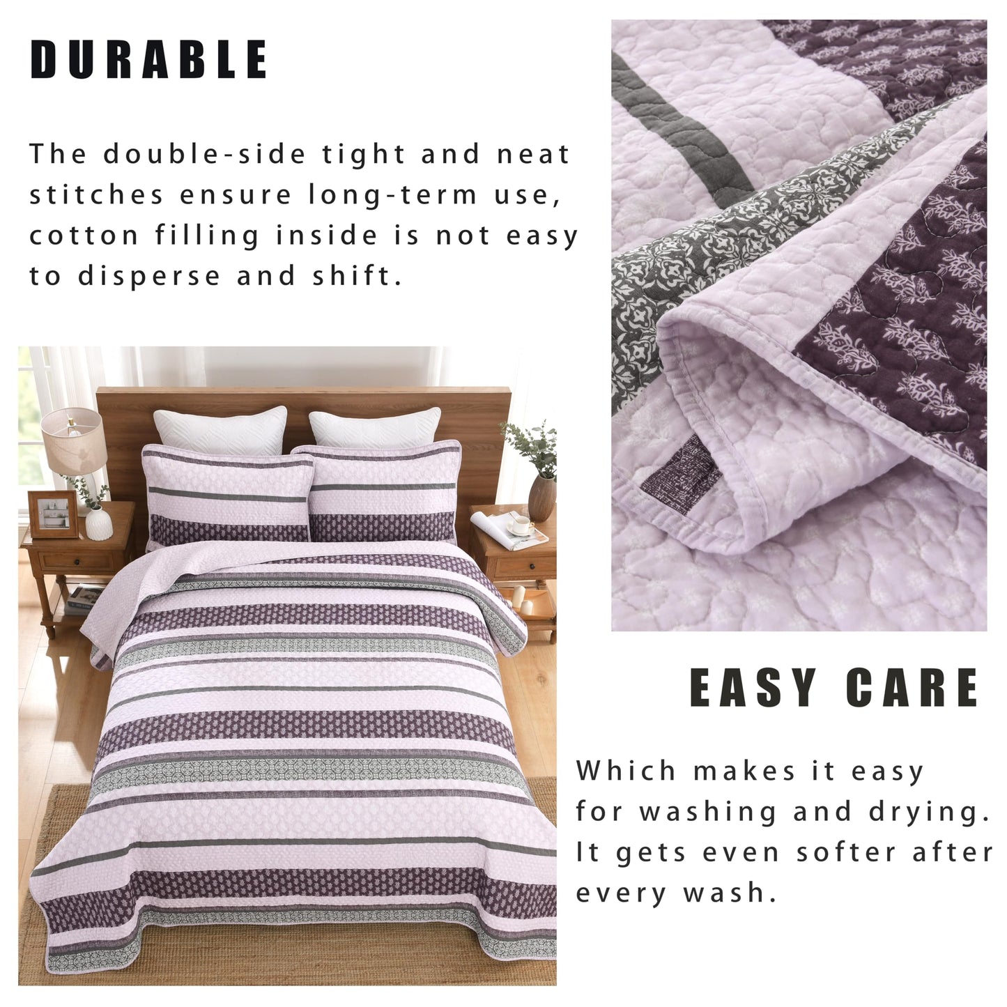 Homzard Quilts Queen Size, Cotton Comforter Set, Purple and Grey Queen Bed Set,Lightweight Striped Bedding, Farmhouse Bedspread All Season 3 Pieces