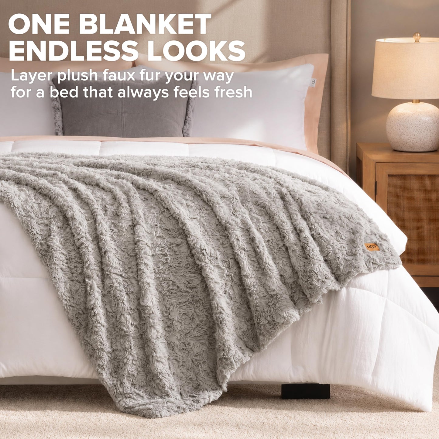 UGG Adalee Faux Fur Throw Blanket for Couch, Cozy Fuzzy Blanket for Chair or Bed, Easy Care Reversible Fluffy Throw, Luxury Home Decor, 50-inch x 70-inch, Seal Grey