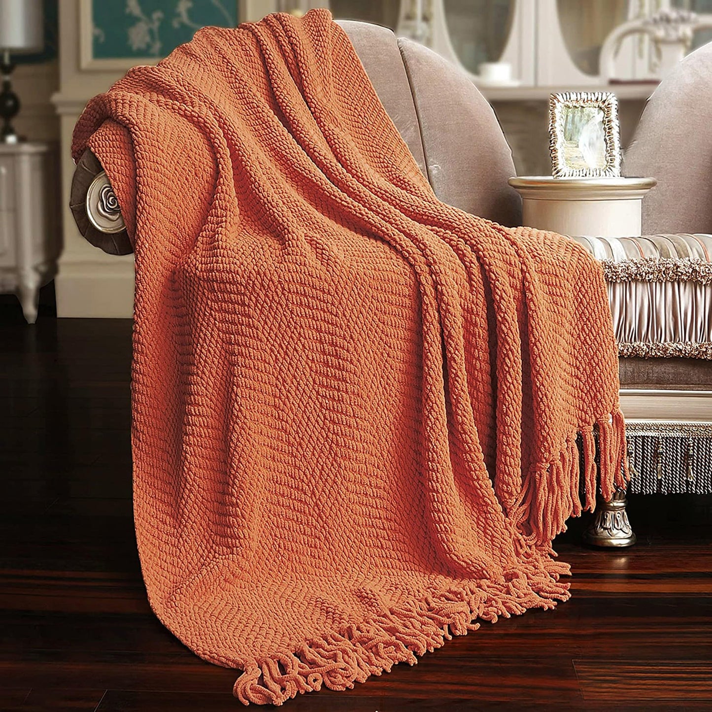 Home Soft Things Throw Blanket Knitted Tweed Throw 50'' x 60'', Rust, Super Soft Cozy Warm Comfortable Breathable Throw for Living Room Chair Couch Bed Sofa Bedroom Home Décor