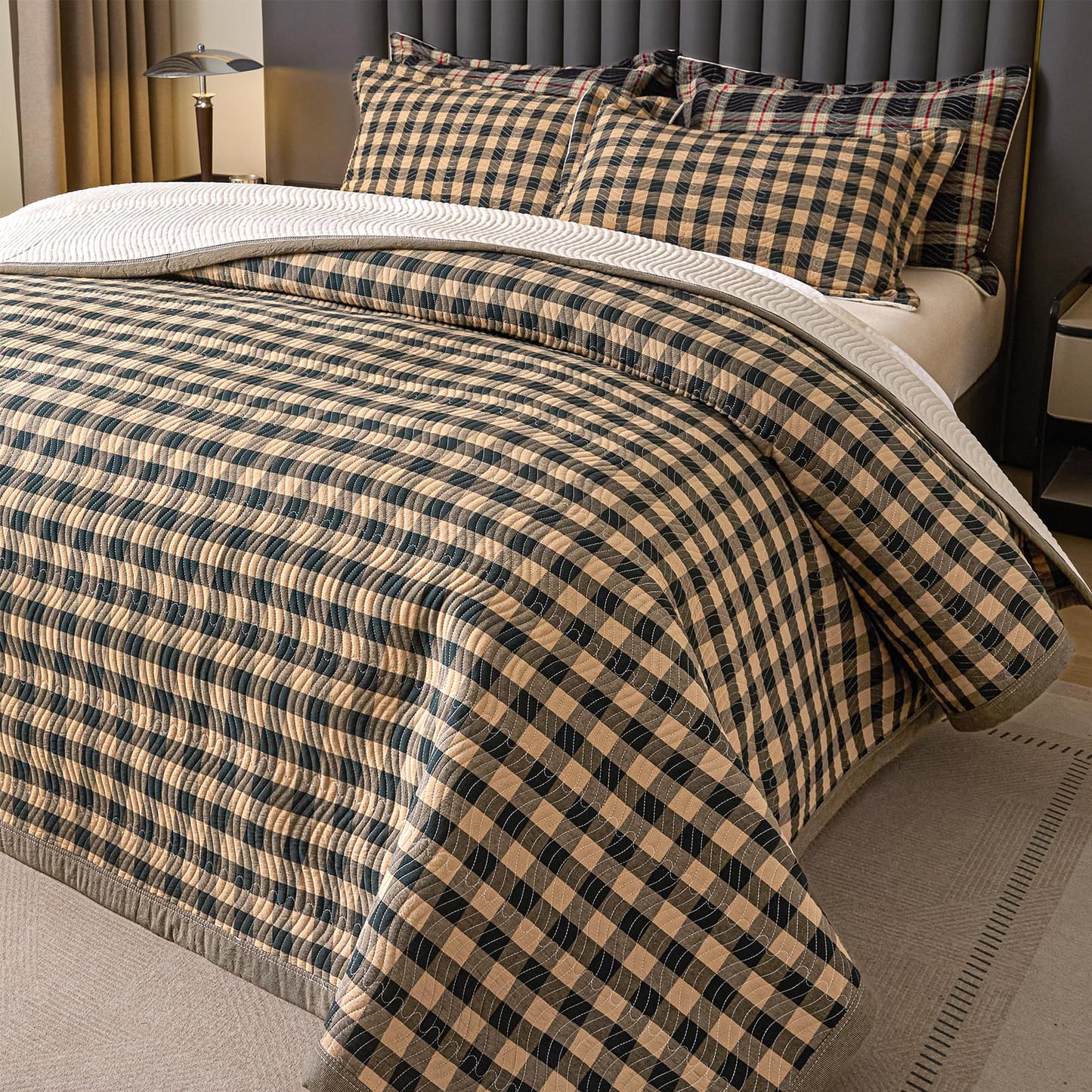 tohrisa Cotton Plaid Quilt Set, Ultra Soft 3 Pieces Queen Size Bedding with 2 Pillow Shams, Lightweight Reversible Coverlet Bedspread with Wave Quilting for Summer, 90"x96", Grid- Dark Green