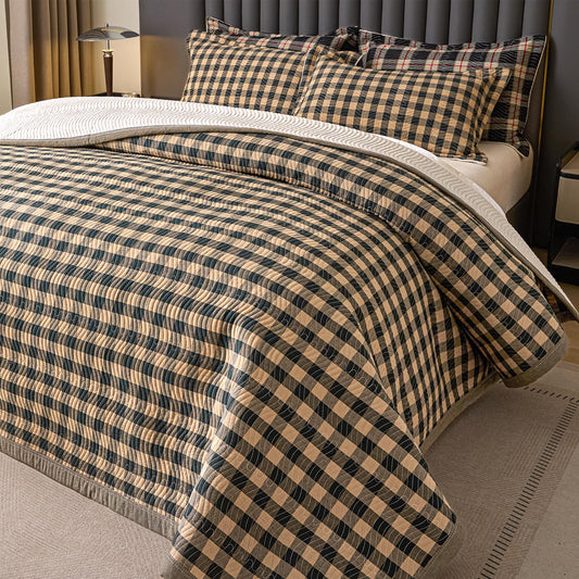 tohrisa Cotton Plaid Quilt Set, Ultra Soft 3 Pieces Queen Size Bedding with 2 Pillow Shams, Lightweight Reversible Coverlet Bedspread with Wave Quilting for Summer, 90"x96", Grid- Dark Green