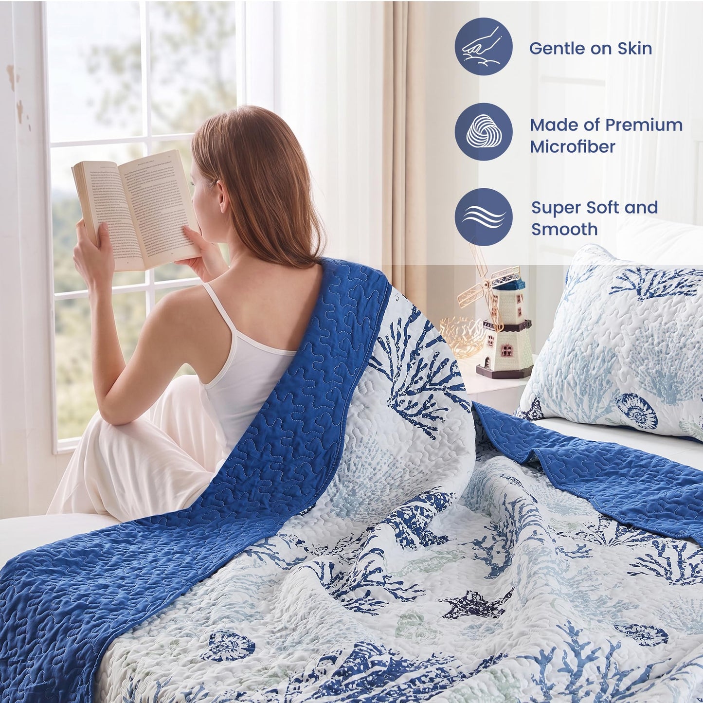 Qucover Coastal Quilt Sets King Size 106x98in, Reversible Microfiber Quilts with 2 Shams Soft Lightweight Beach Bedding Bedspread Coverlet Summer Comforter Set for All Season, Navy Blue
