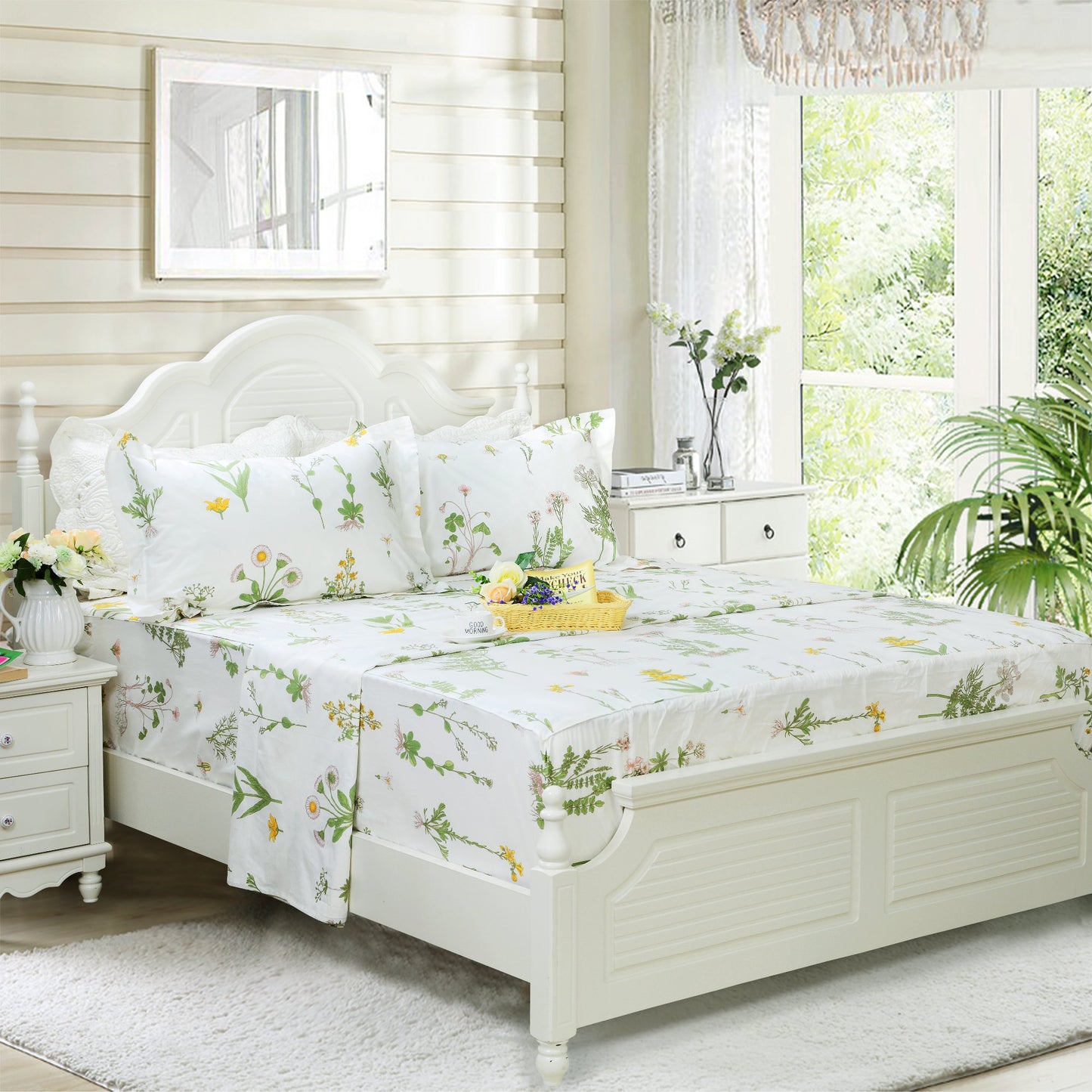 FADFAY Floral Fitted Sheet Set 100% Cotton White Bedding Set Green Flower Printed Pattern Flat Sheet Sets Shabby Comfy Chic Bed Sheet Sets Hypoallergenic Cozy House Sheets (4 Pieces, Full Size)
