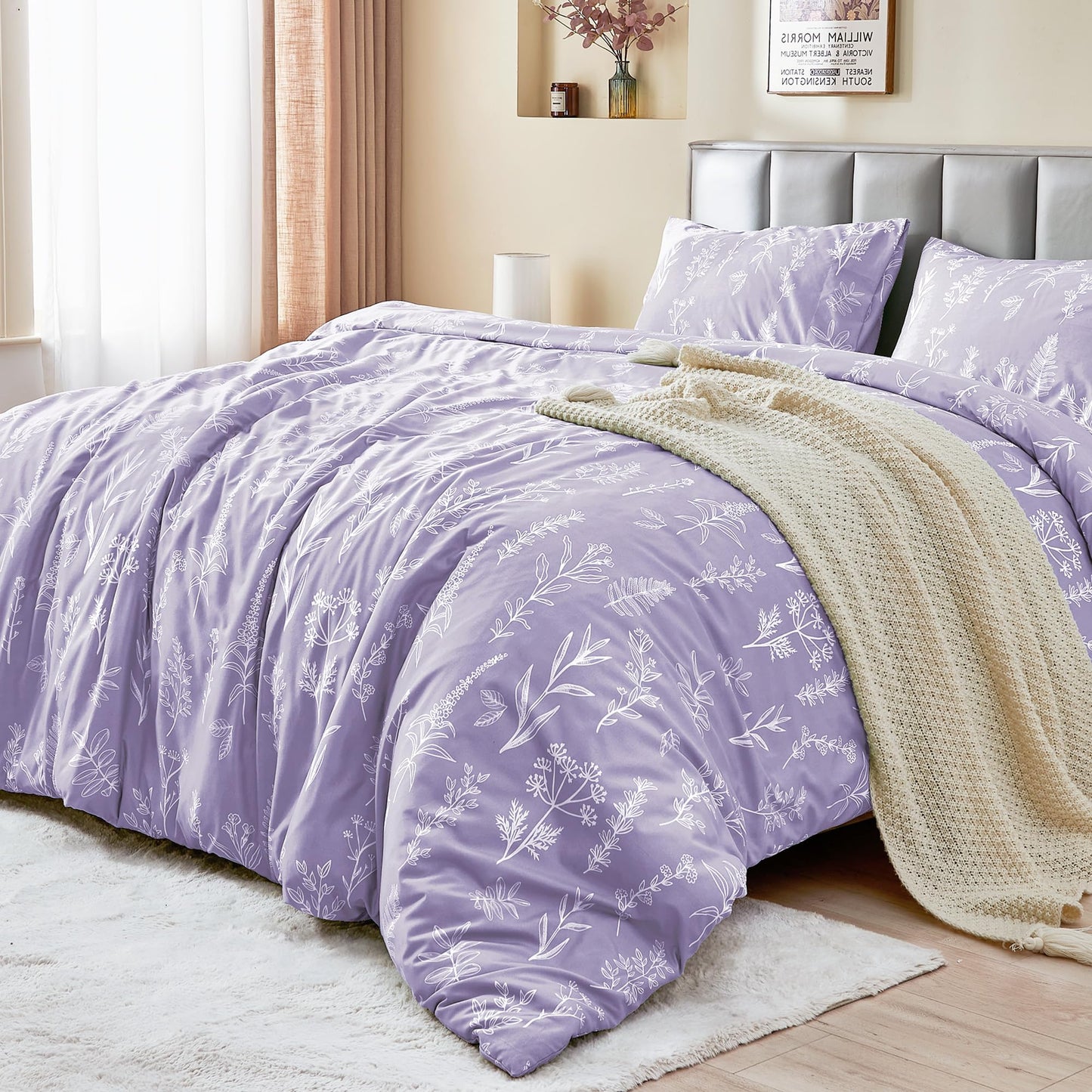 MUXHOMO Duvet Cover Queen Size, Reversible Floral Lavender Duvet Cover Set with Zipper Closure, 3 Pieces Botanical Patterns Soft Microfiber Bedding Set with 4 Ties (90"x90", 2 Pillow Cases)