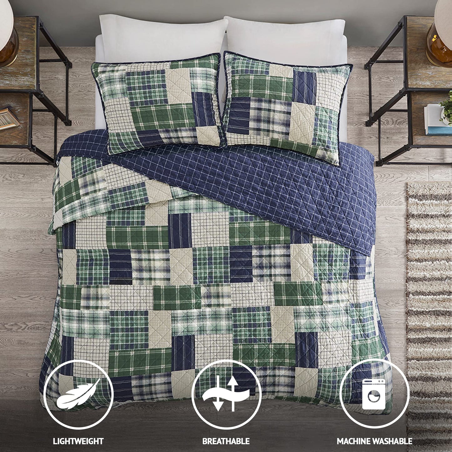 Madison Park Reversible Quilt Cabin Lifestyle Plaid Design - All Season, Breathable Coverlet Bedspread Bedding Set, Matching Shams, Full/Queen(90"x90"), Green/Navy 3 Piece
