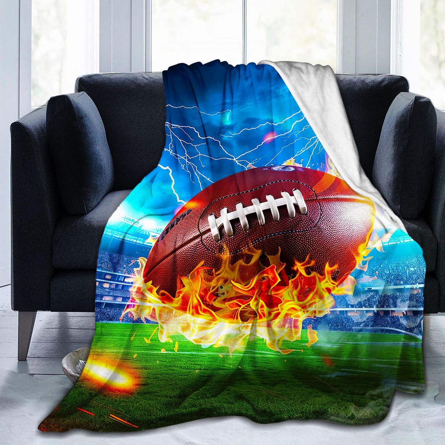 Football Blanket for Kids Adults, Super Soft Funny Cool Fire Blue Field Football Sport Throw Blanket Gifts for Kids Boys Girls Men Women, Warm Cozy Fuzzy Plush Fleece Flannel Blankets 50"x40"