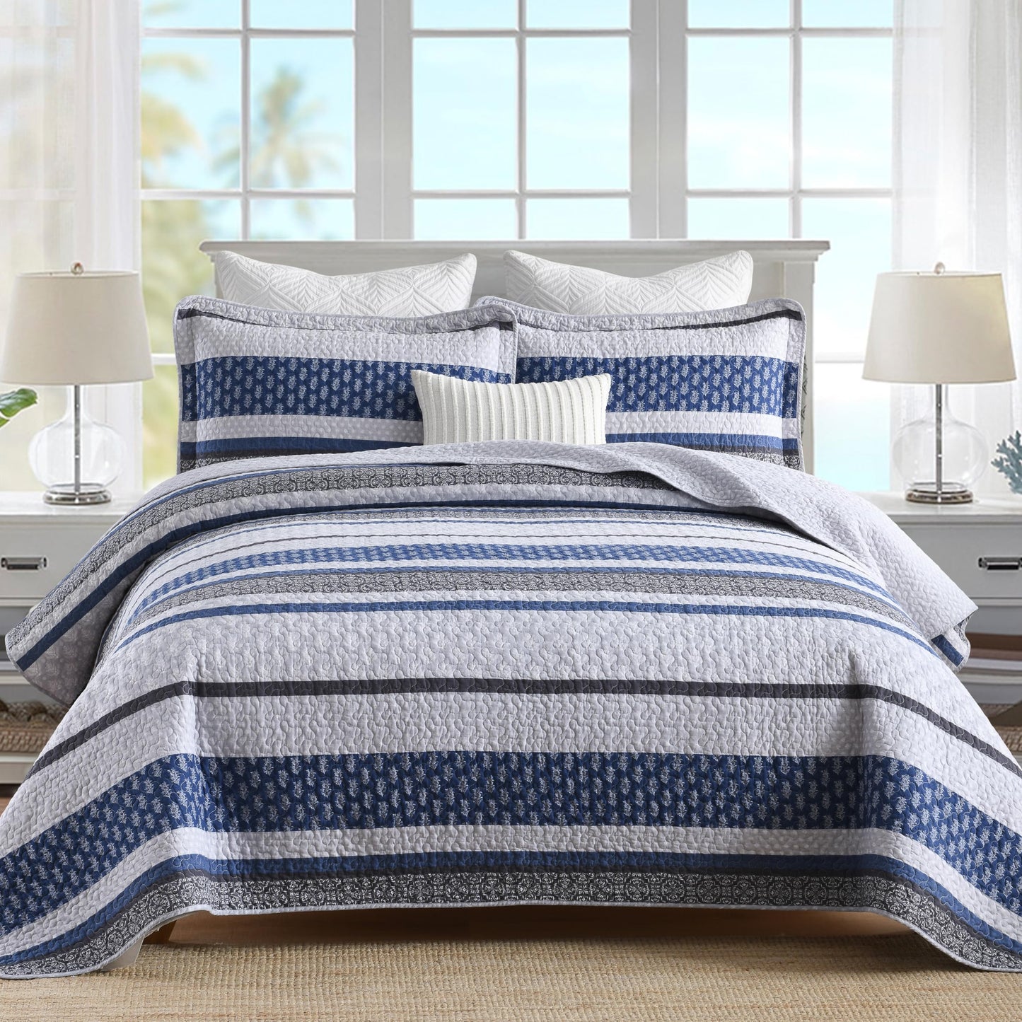 Homzard Quilt Bedding Set King Size,100% Cotton King Size Comforter Set,Gray Blue Quilts Bedspread for The Bed, Striped Farmhouse Lightweight Bedding (106 * 98 Inch) and 2 Pillow Shams All Season