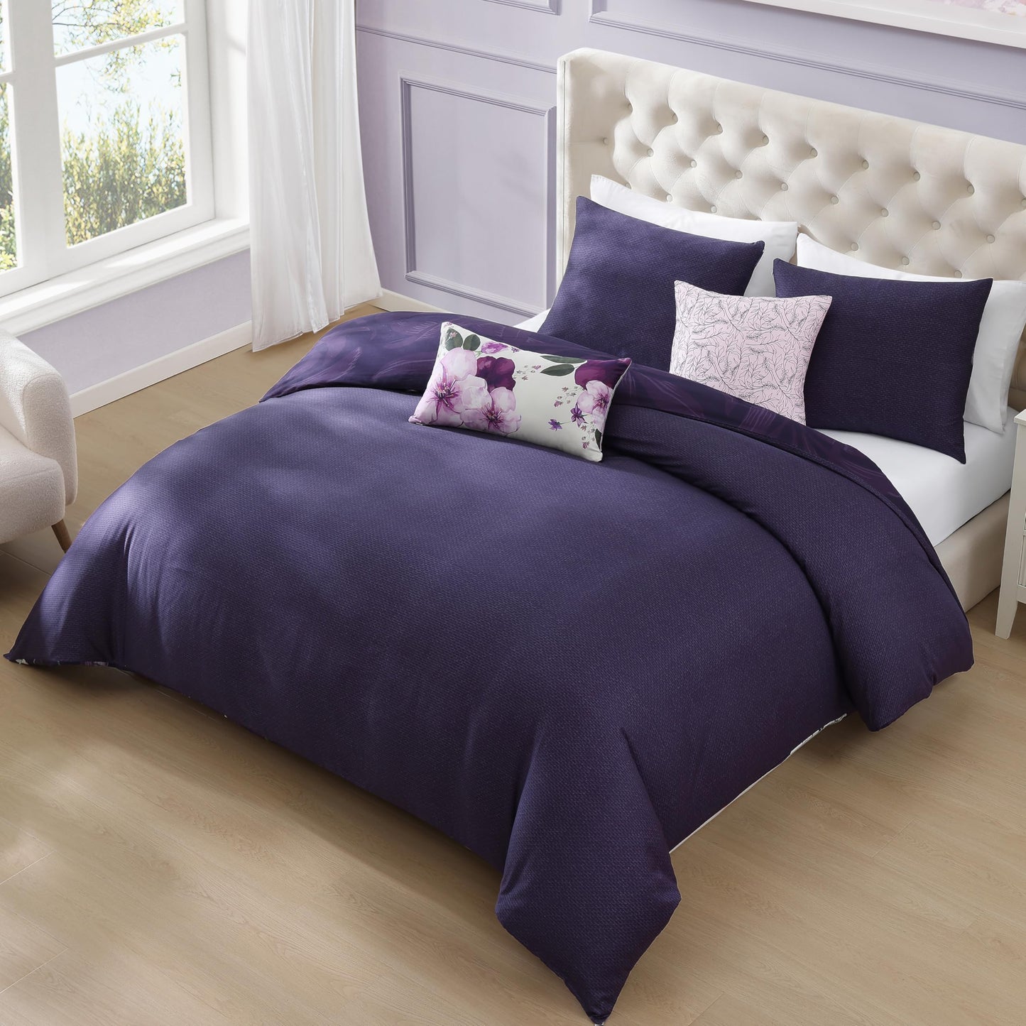 Bebejan Morning Glory 5 Piece Comforter Set, 100% Cotton Sateen, 220 Thread Count, Purple Floral Reversible Bedding Comforter Set, 1 Comforter, 2 Shams & 2 Pillows (King/Cal King)
