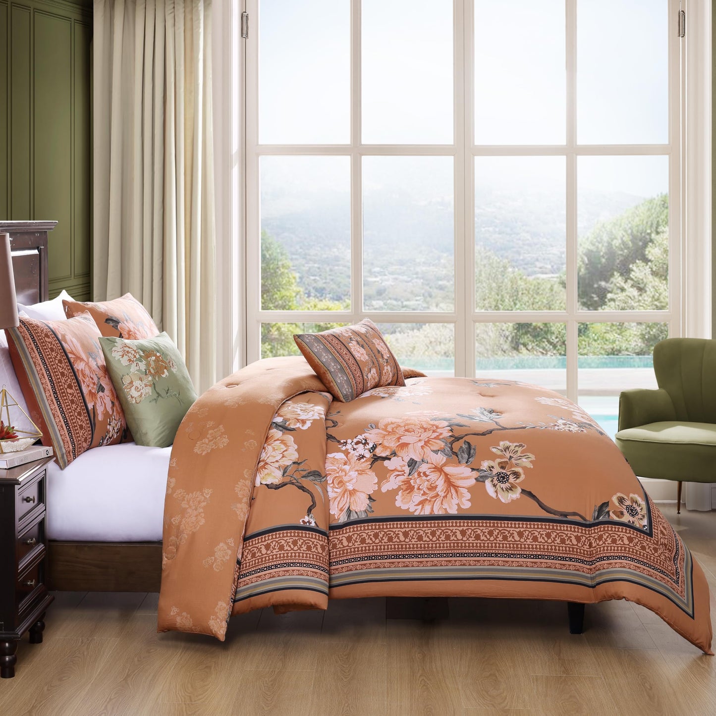 Bebejan Rossana 100% Cotton Sateen 5 Piece Comforter Set, Terracotta, Floral Reversible Bedding Comforter Set, 1 Comforter, 2 Shams & 2 Pillows (King/Cal King)