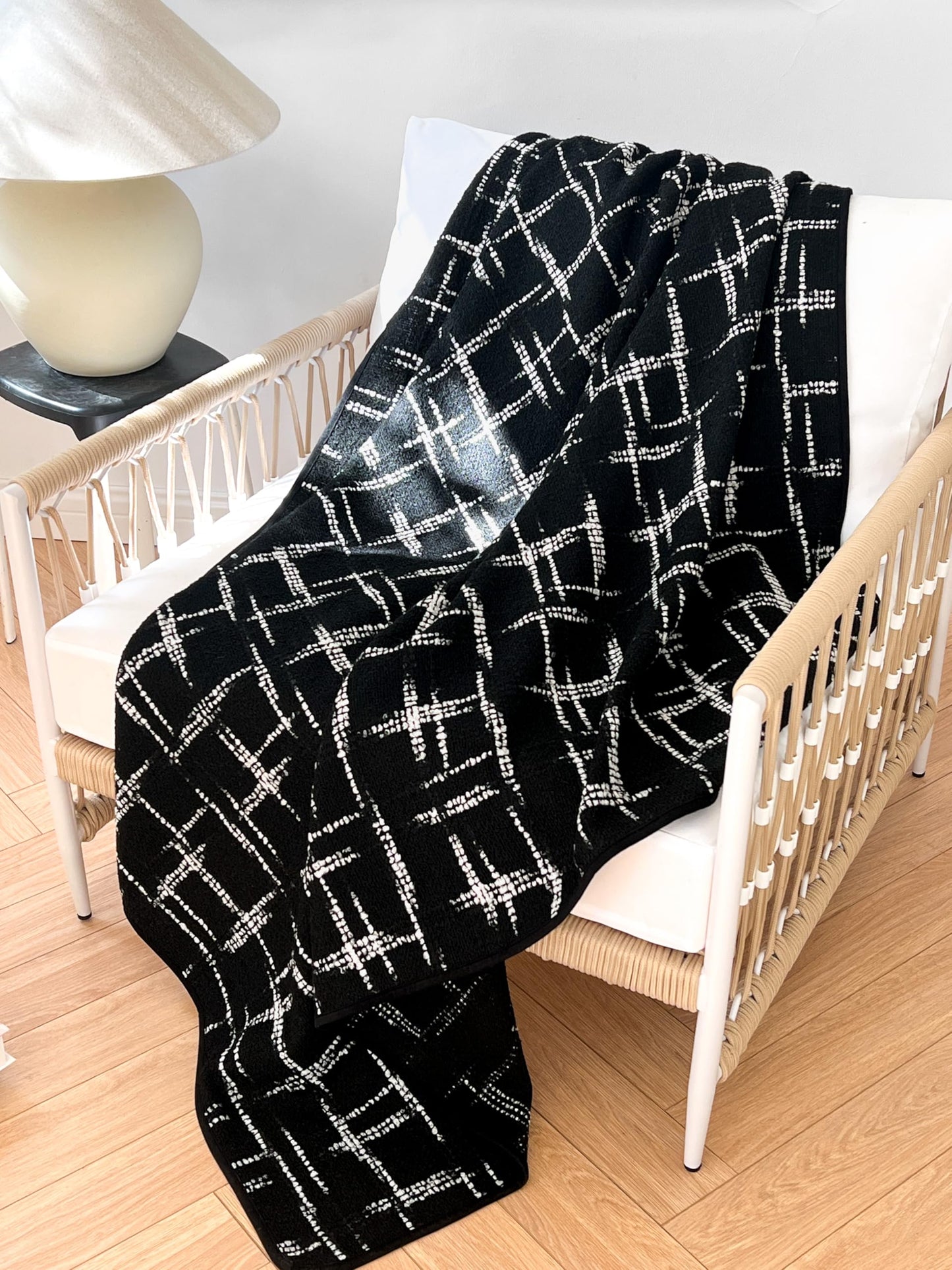 Crumbs Home Modern Decorative Throw Blanket for Couch, Sofa, Bed, Black Beige Embroidered Irregular Lines, 55"x60"