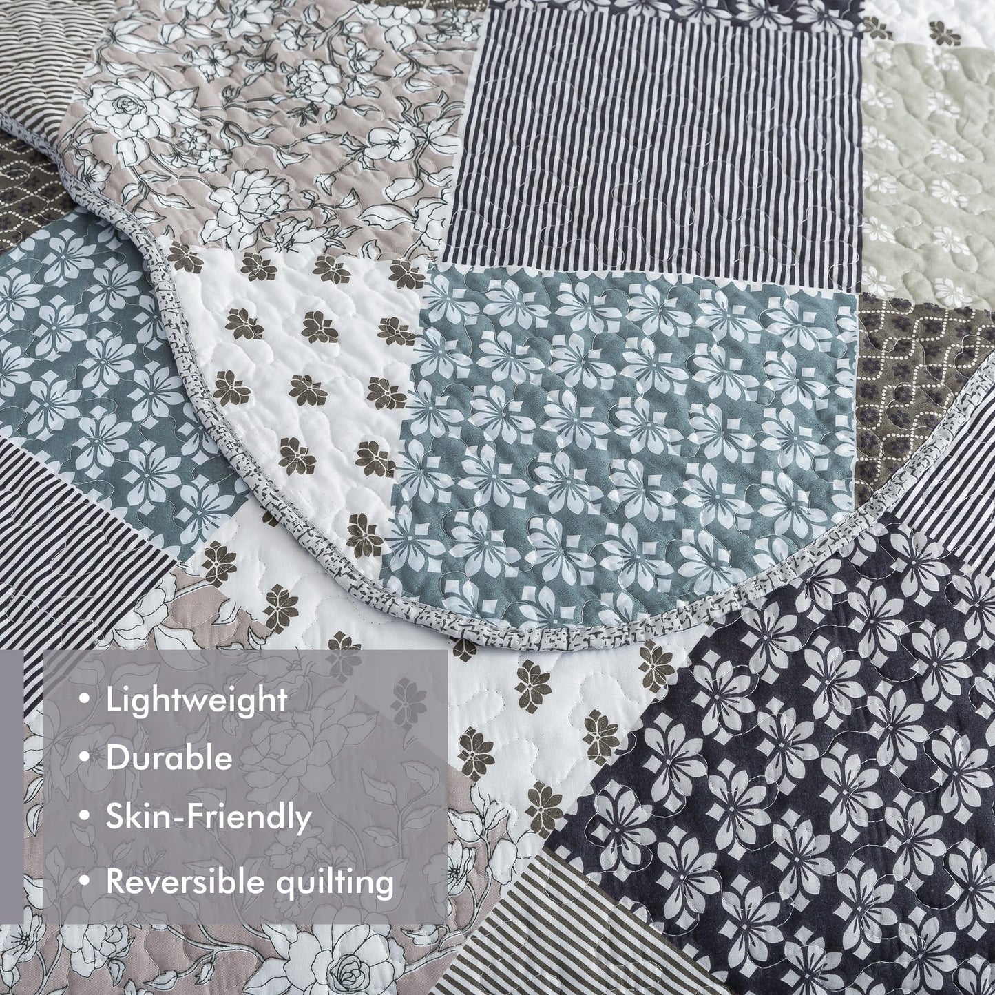 Etwel Lightweight Patchwork Queen Size Quilt Set - Breathable Reversible Cotton Bedspread for Hot Sleepers, Farmhouse Floral Bedding Set with 2 Pillow Shams for All Season (90"x98", Gray Flower)