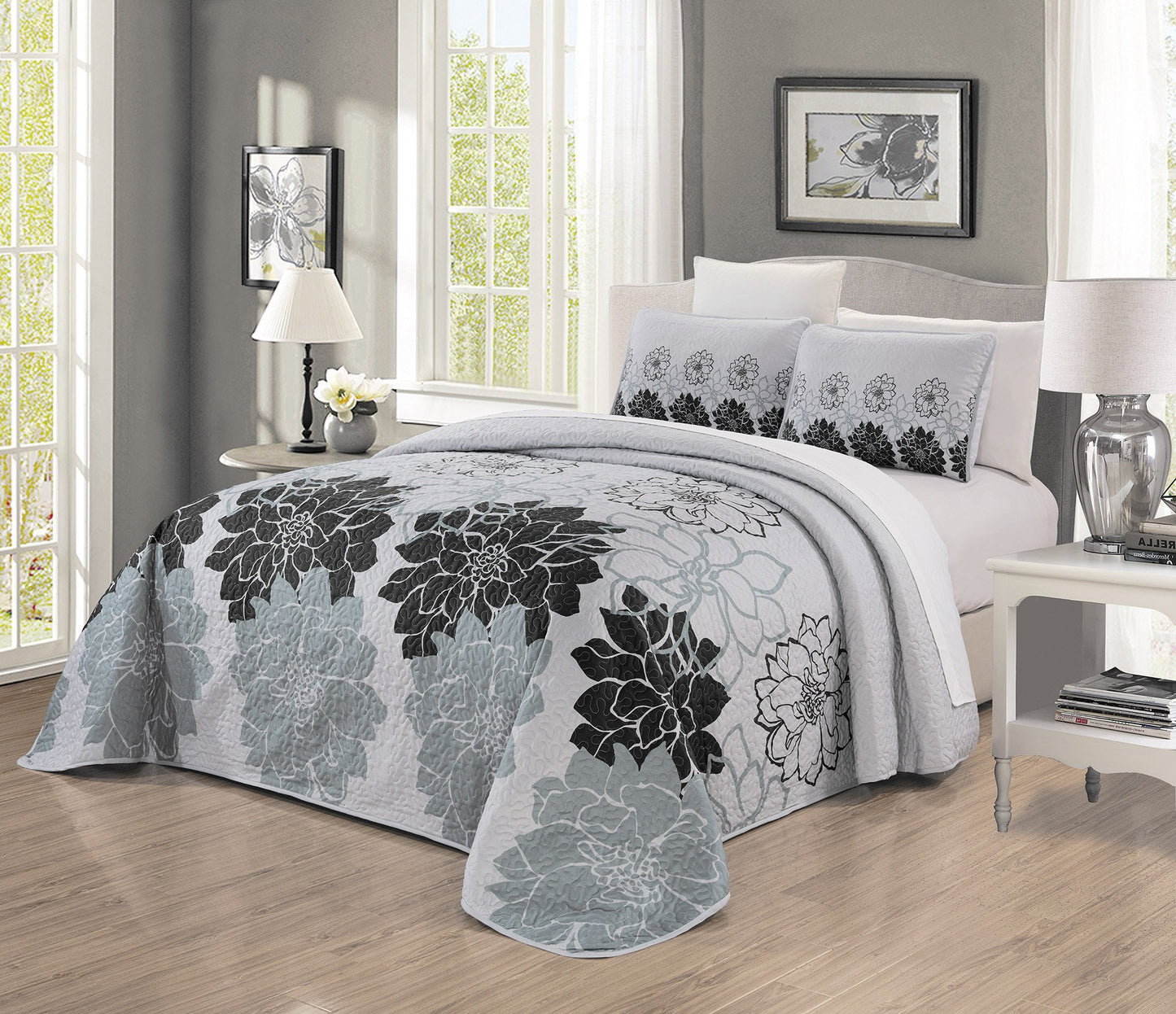 Grand Linen 3-Piece Fine Printed Oversize (115" X 95") Quilt Set Reversible Bedspread Coverlet (California) Cal King Size Bed Cover (Black, Gray, Grey Floral)