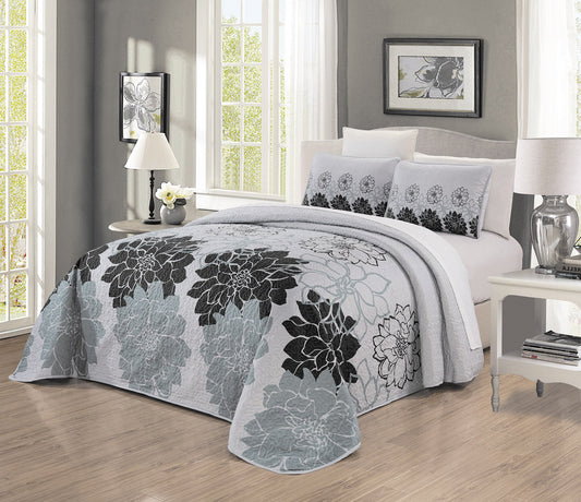 Grand Linen 3-Piece Fine Printed Oversize (115" X 95") Quilt Set Reversible Bedspread Coverlet (California) Cal King Size Bed Cover (Black, Gray, Grey Floral)