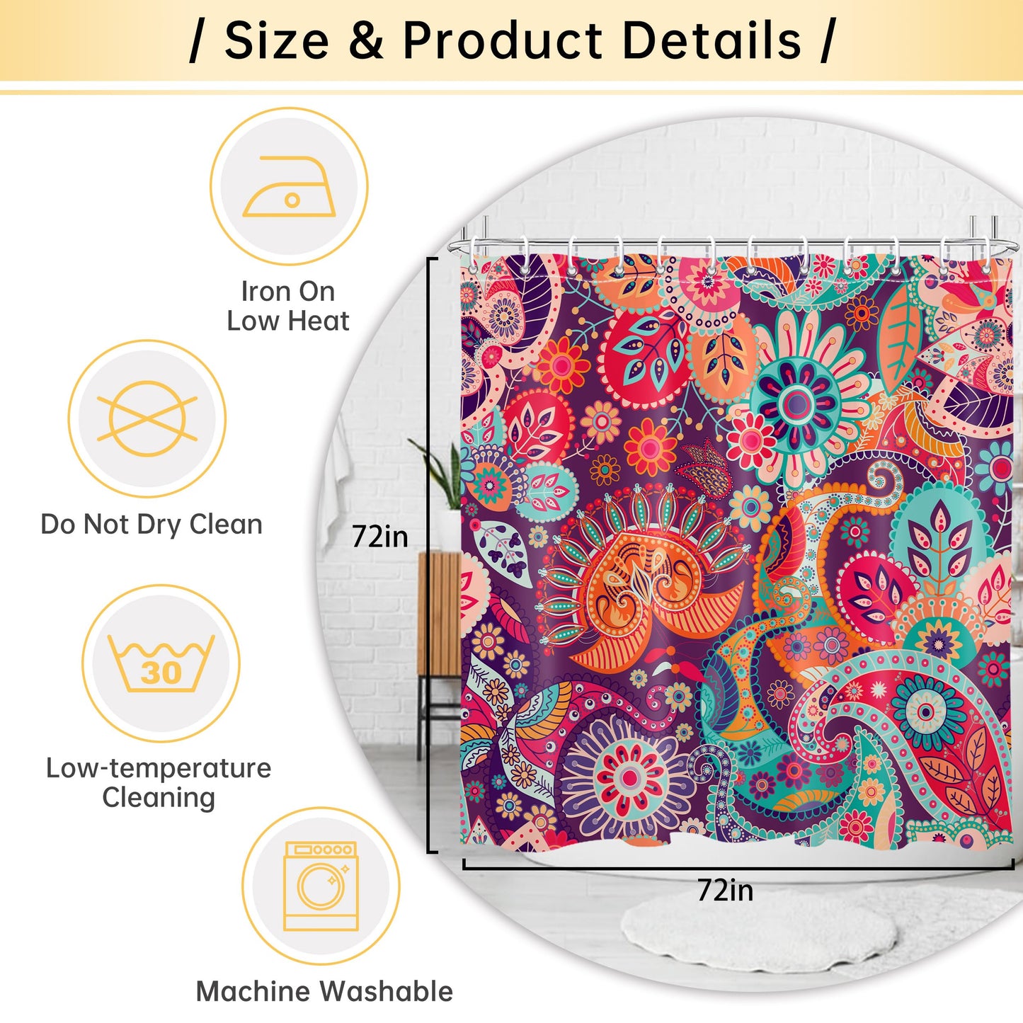 Mayormyth Boho Paisley Floral Shower Curtain Mandala Indian Abstract Bathroom Shower Curtains Bohemian Colorful Flower Shower Curtain Set Polyester Waterproof Cloth Fabric with Hooks 72x72 Inches