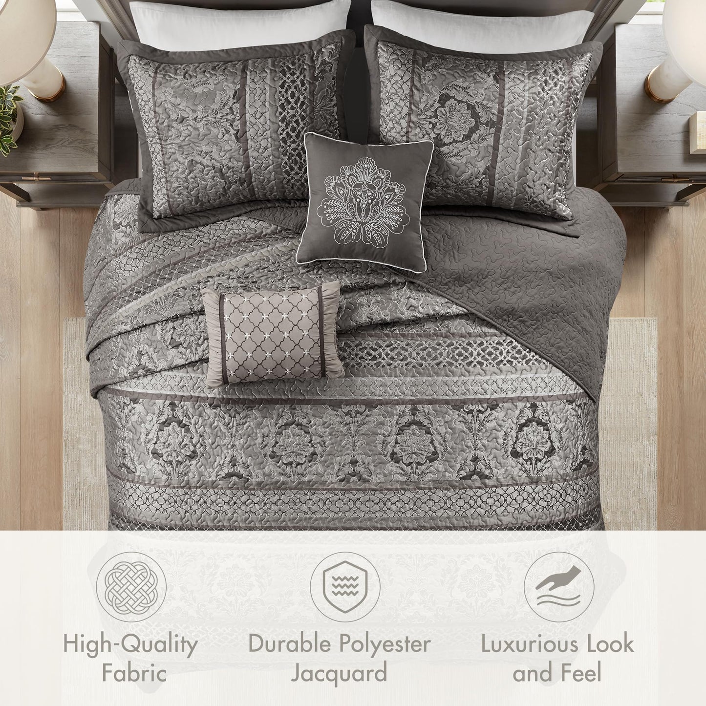 Madison Park Traditional Damask Design All Season, Lightweight Coverlet Bedspread Bedding Set, Matching Shams, Pillows, (120"x118"), Bellagio, Jacquard Grey, 5 Piece