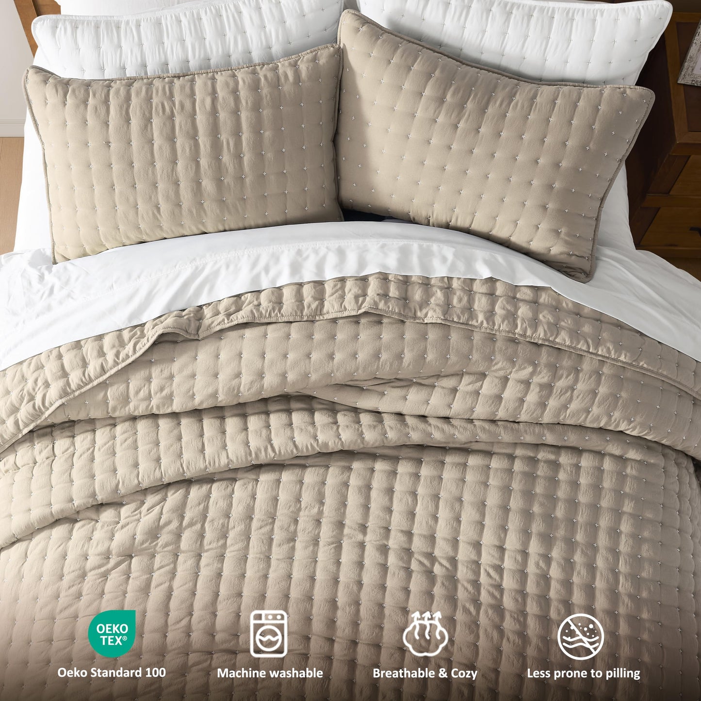 WDCOZY Beige Queen Size Quilt Bedding Sets with Pillow Shams, Cream Tan Lightweight Soft Bedspread Coverlet, Quilted Blanket Thin Comforter Bed Cover for All Season, 3 Pieces, 90x90 inches