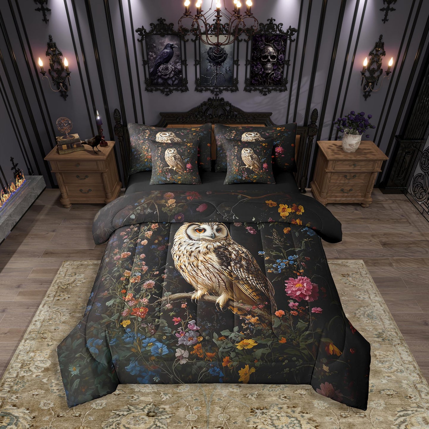 Erosebridal 3D Owl Bedding Set for Kids Teens,Oil Painting Flower Animal Comforter Set King Size,Mid Century (Comforter+Fitted+Flat Sheet+2 Pillowcases+2 Throw Pillow Covers) 7 Pieces Bed Set