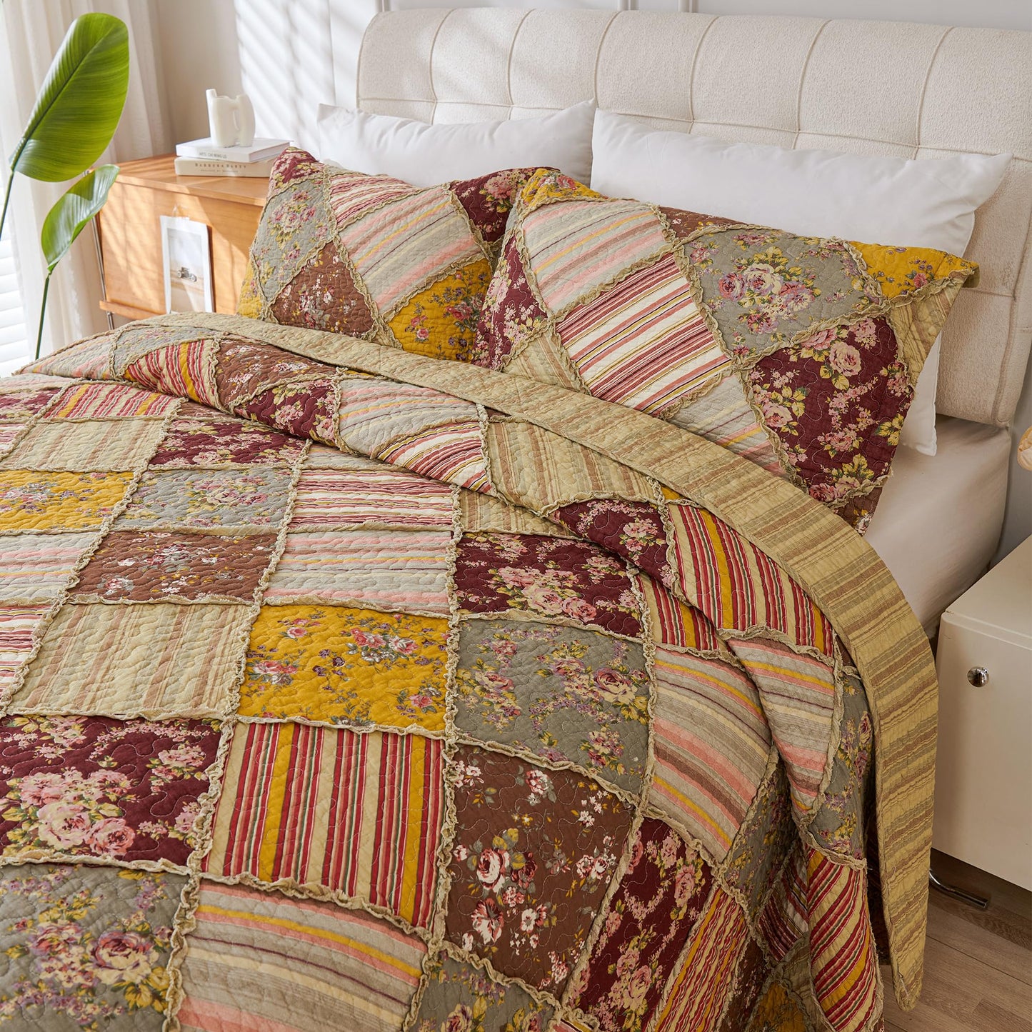 Cmfshape Floral Quilt Sets Bedspread Set 100% Cotton Patchwork Bedding Set, All Season Use Lightweight Reversible Coverlet Quilts with 2 Pillow Shams(Queen 90"x90")
