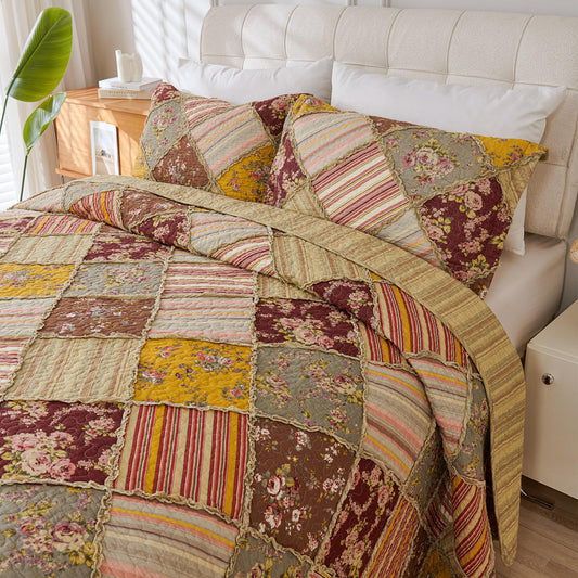 Cmfshape Floral Quilt Sets Bedspread Set 100% Cotton Patchwork Bedding Set, All Season Use Lightweight Reversible Coverlet Quilts with 2 Pillow Shams(Queen 90"x90")