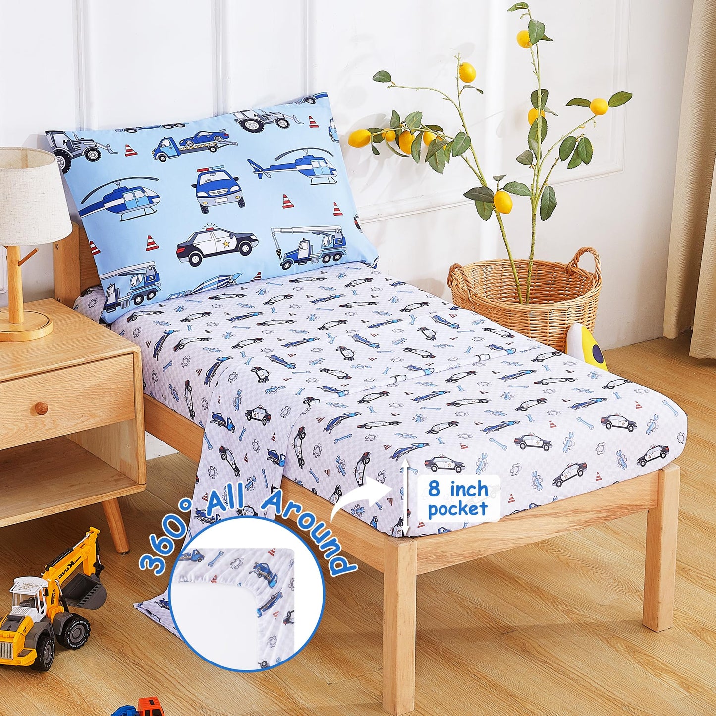 Mooreeke 4 Pieces Toddler Bedding Set - Blue Cool Police Car Plane Toddler Comforter Sets for Boys, Includes Comforter, Flat Sheet, Fitted Sheet and Pillowcase, Bed in A Bag for Baby Bedroom