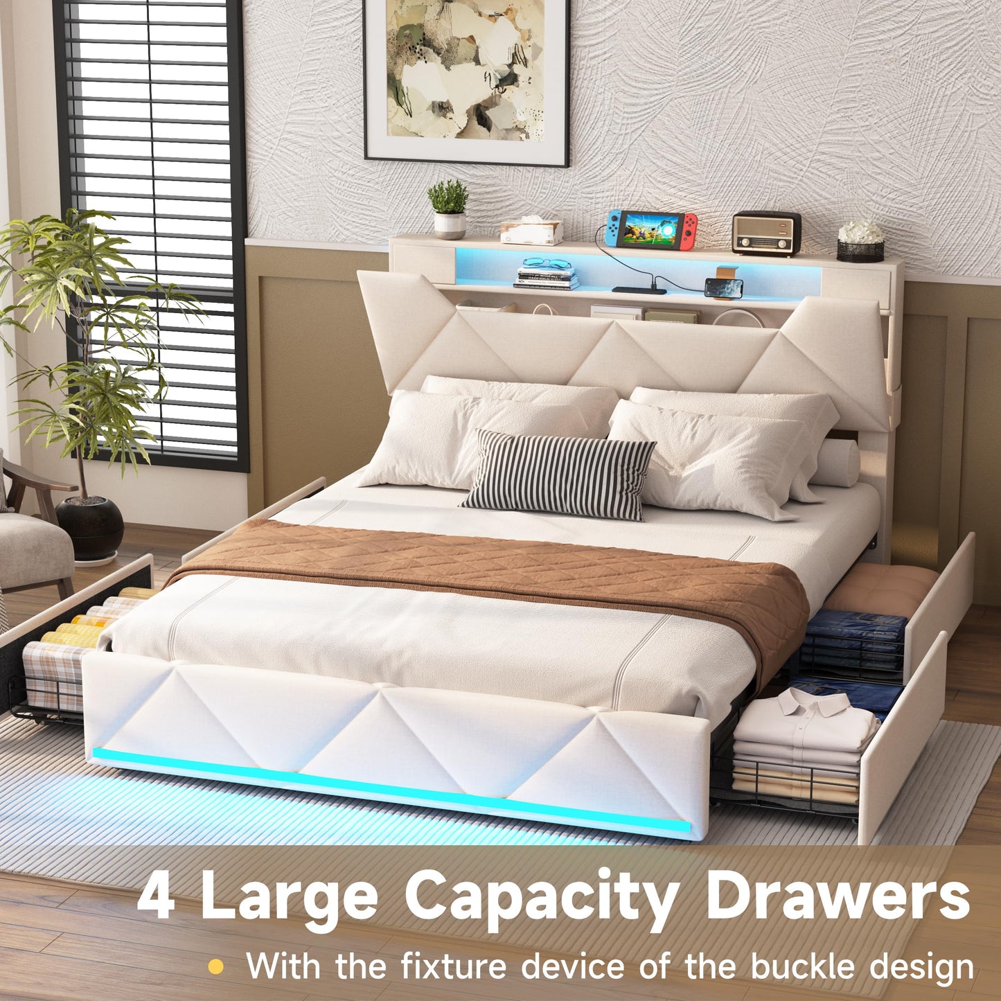 Vabches Full Bed Frame with Storage Headboard and 4 Drawers,Upholstered Platform with Charging Station and Led Lights,Adjustable Headboard,No Box Spring Needed,Beige