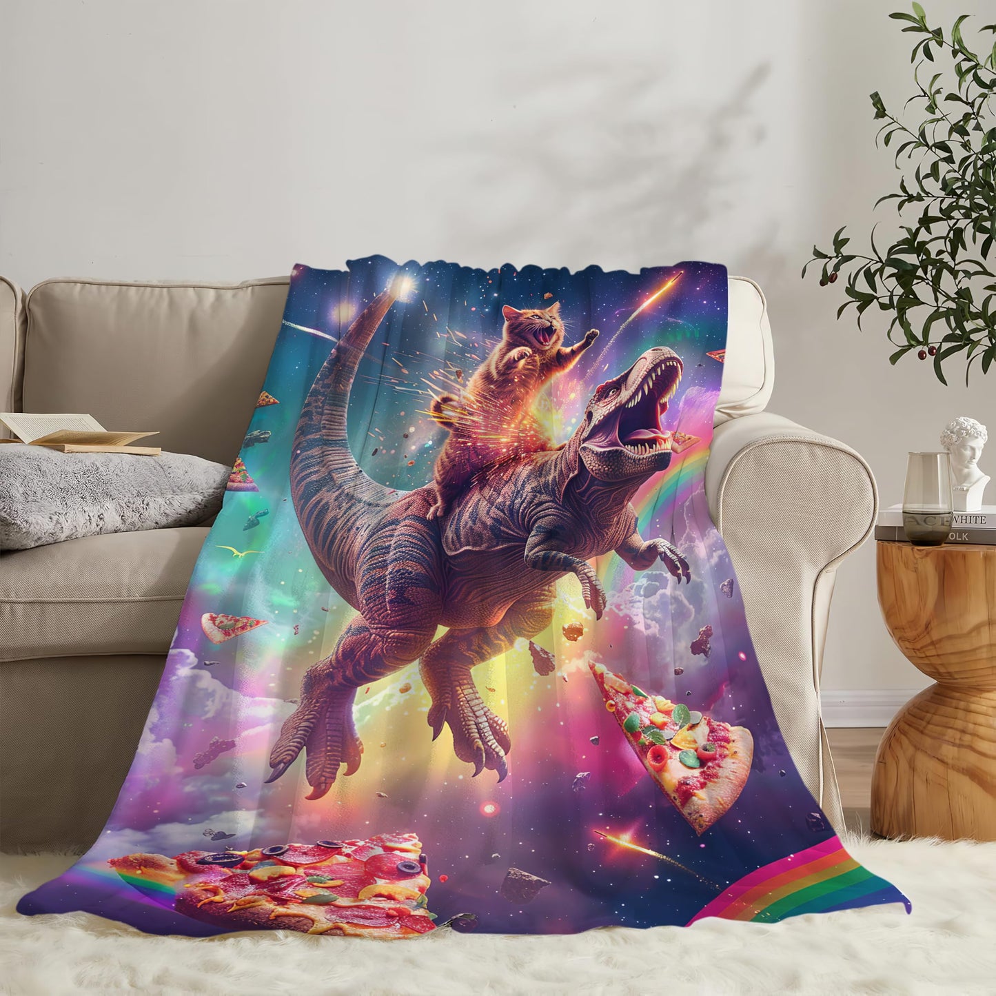 Cat and Dinosaur Blanket Rainbow Pizza Dino Cat Throw Blanket Gifts for Adults Men Women Boys Girls Kids Super Soft Cozy Plush Fluffy Fuzzy Fleece Blanket Decor 50''X60''