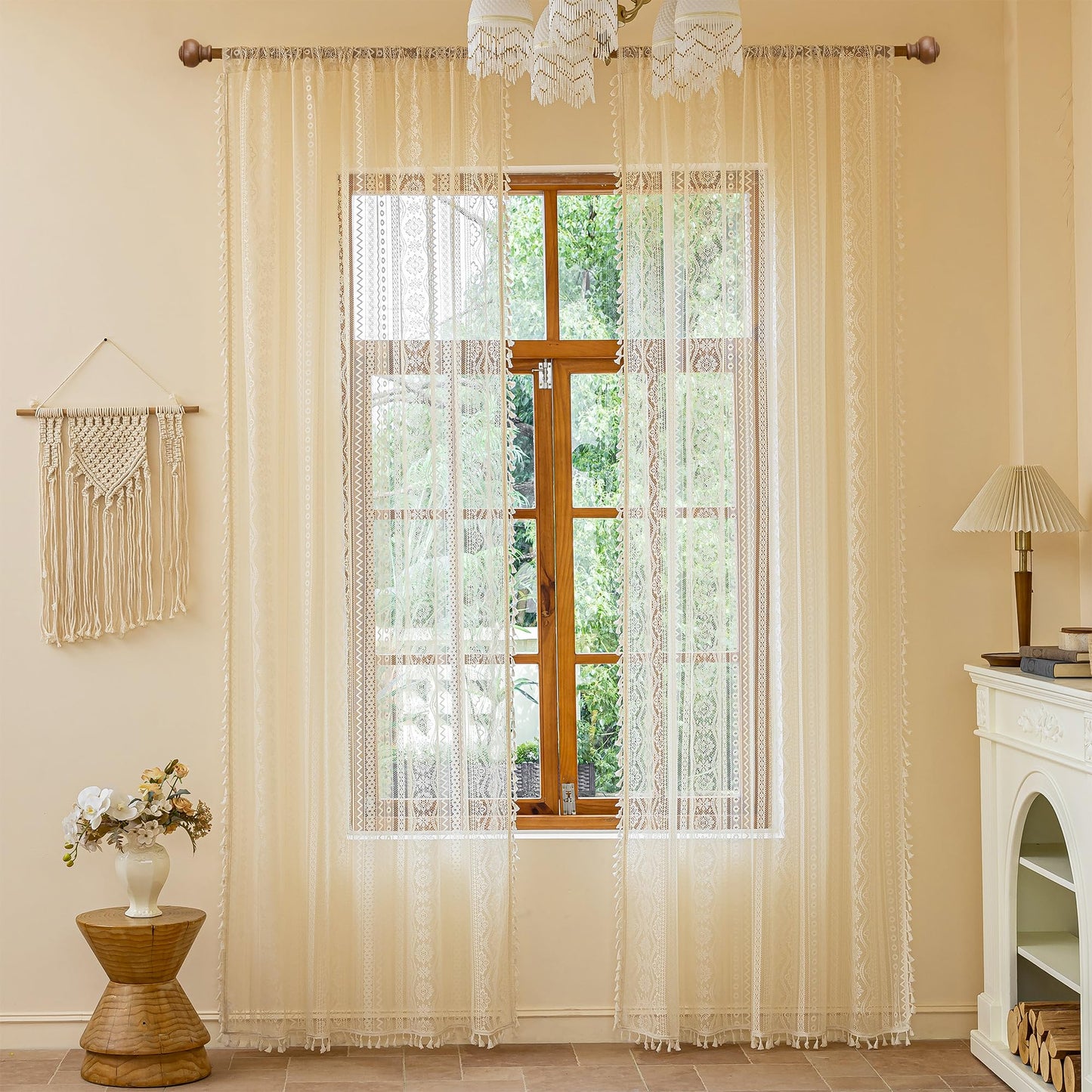 MYSKY HOME Beige Boho Lace Sheer Curtains with Tassels 84 Inch Length 2 Panels Vintage Floral Bohemian Pattern French Rustic Crochet Geometry Striped Rod Pocket Drapes for Living Room Bedroom, 55" W