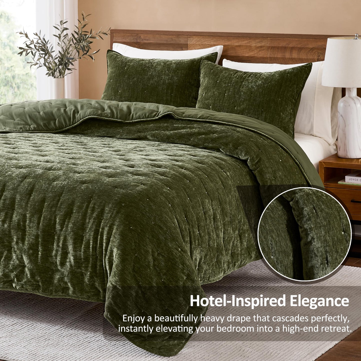 WDCOZY Chenille Velvet Queen Size Quilt Set - Olive Green Cloud Soft Lightweight Bedspread, Deep Forest Green Farmhouse Country Rustic Coverlet, Modern Bedding Warm Thin Comforter, 3 Pieces
