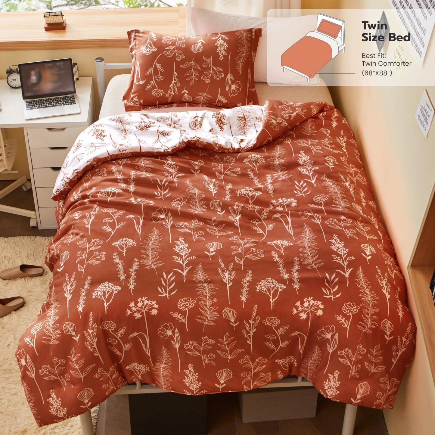 Joiedomi Floral Twin Comforter Set Terracotta Bedding Set - 2 Pieces Twin Bed in a Bag with 1 Soft Reversible Botanical Flowers Comforter and 1 Pillow Sham