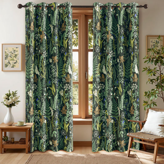 keensoft Botanical 100% Blackout Curtains for Bedroom 84 Inch Length 2 Panels Set Vintage Black Green Plant Floral Curtains Insulated Grommet Room Darkening Window Drapes for Living Room，52Wx84L