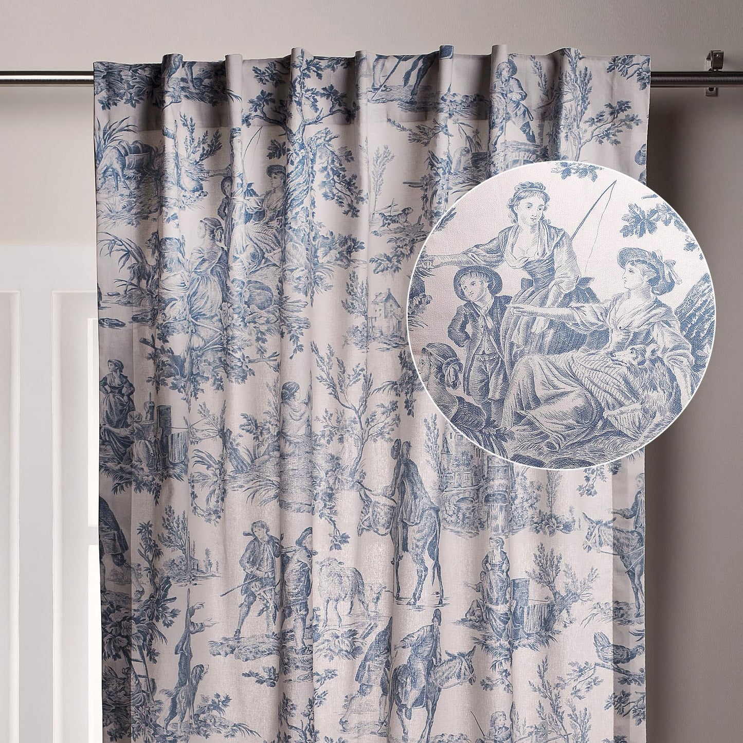 Maison d' Hermine Curtains for Living Room 100% Cotton 96 inch Length One Panel Light Filtering Toile Curtains for Bedroom Windows with Rod and Loop Pockets Drapes (The Miller Denim, 50" W x 96" L)