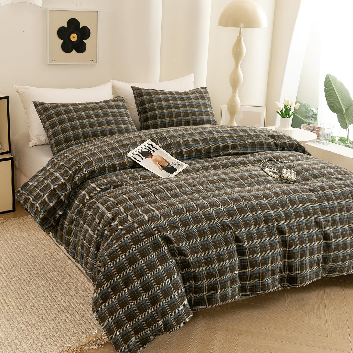 ECOCOTT Buffalo Plaid Duvet Cover Queen Size – 3 Piece Washed Cotton Brown & Blue Bedding Set, Soft & Breathable, Reversible Checkered Design with Zipper Closure & Corner Ties