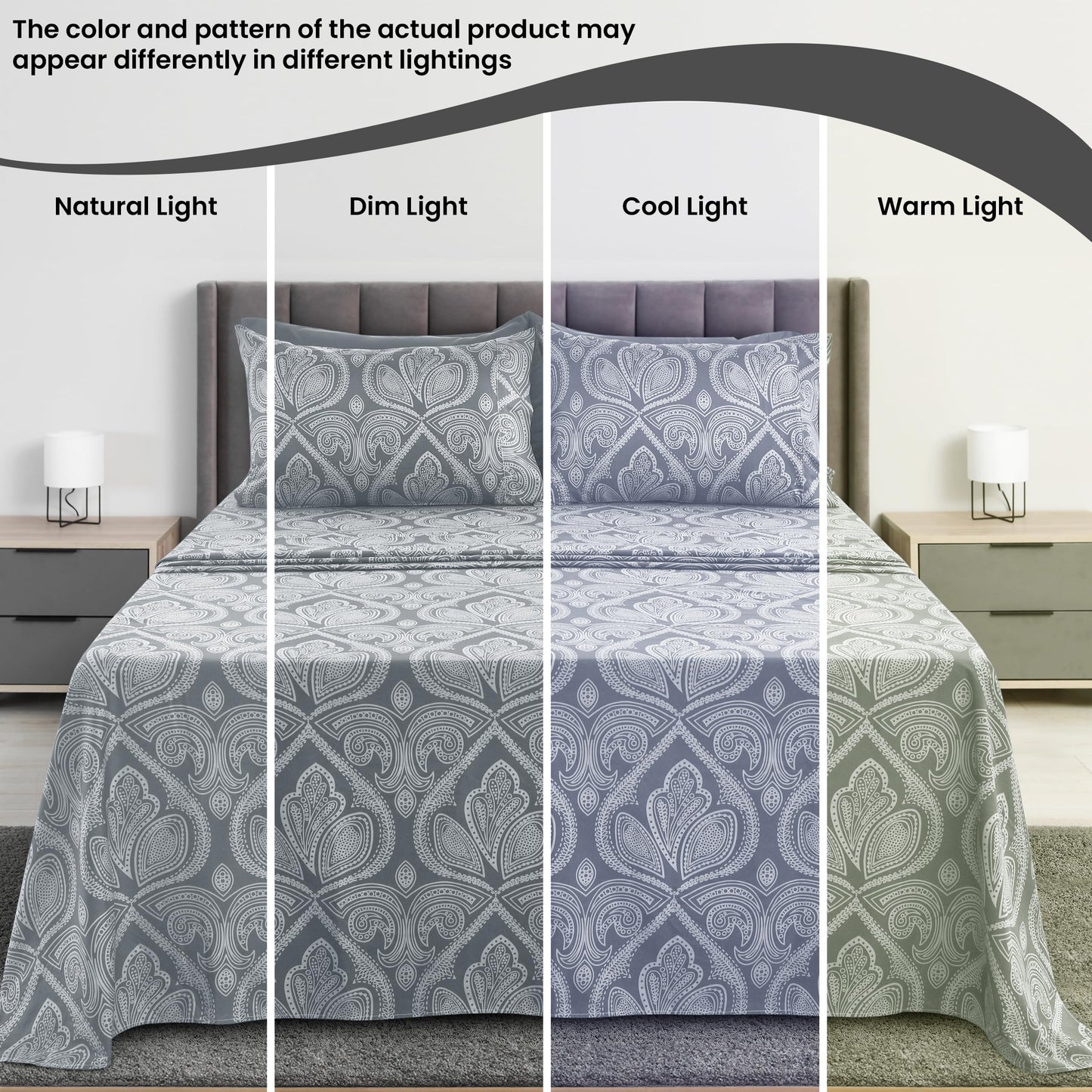 Ultra Soft Wrinkle-Free Microfiber Paisley Twin Sheet Set, Cute Floral Pattern Boho Print – 16" Deep Pocket Fitted Sheet, Flat Sheet & 2 Pillowcases, Breathable, OEKO-TEX - Grey