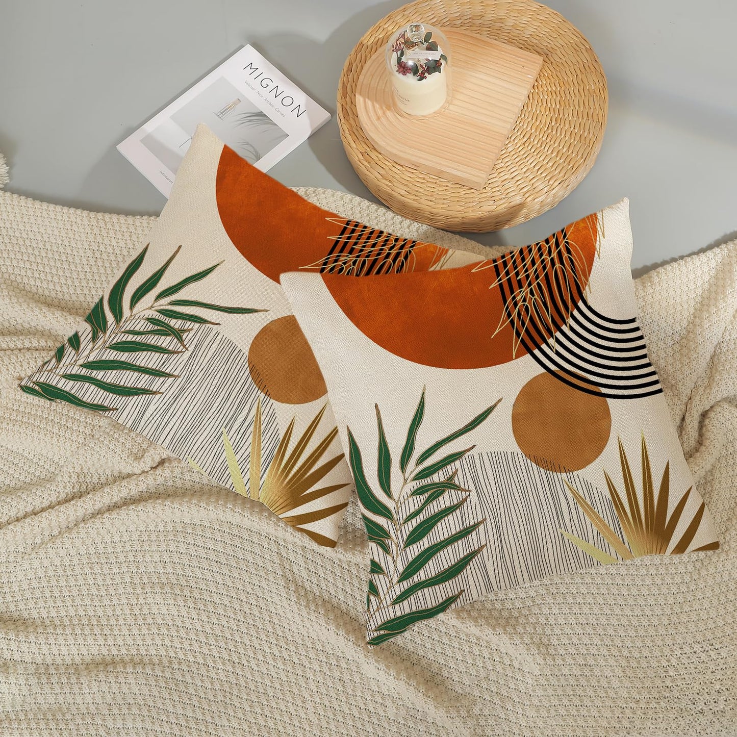 Boho Pillow Covers 18x18 Set of 2 Green Gold Orange Throw Pillows Tropical Leaves Sunset Decor Modern Mid Century Pillowcase Outdoor Decorations Bohemian Linen Cushion Case for Couch Sofa Bed