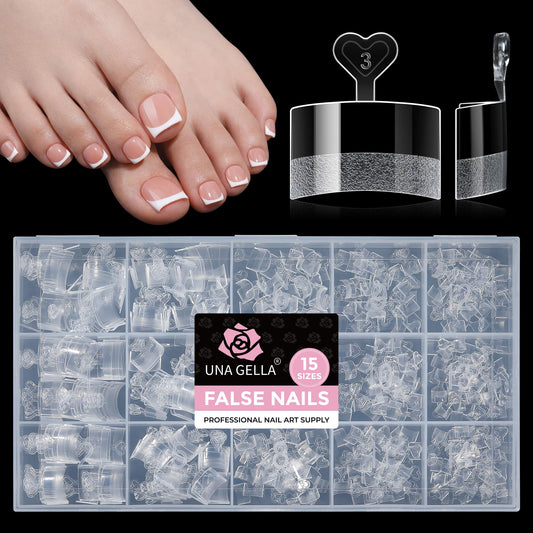 UNA GELLA Half Cover Square Toe Nail Tips For Big Wider Toe, 510Pcs 15Sizes Soft Gel Pre-etched Fake Toenails Press On Nails For Nail Extensions Home DIY Nail Salon