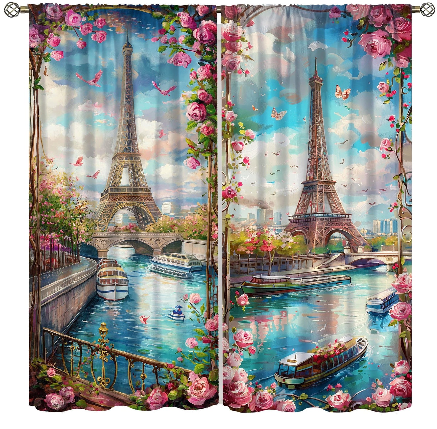 AAVEUP Eiffel Tower Curtains for Girls,Dreamy Pink Flower River Paris European Cityscape Oil Painting Window Treatments for Kids Room Women Bedroom Living Room 41x44.5in